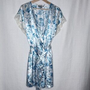 Morgan Taylor Blue Floral Satin Robe Lace Trim Kimono Wrap Womens S/M Loungewear